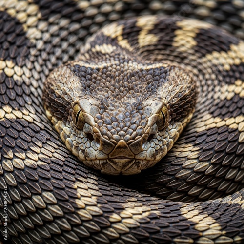 Extreme close-up of a dangerous viper head, coiled defensively, showcasing intricate scales, menacing eyes, and predatory nature, danger zone, Viper, striking