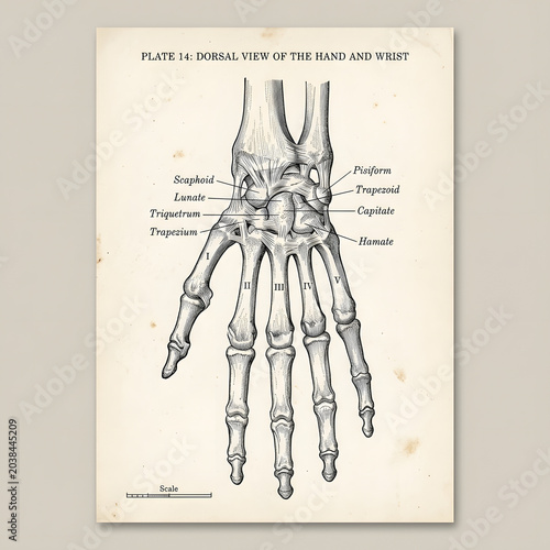 Antique anatomical illustration of the human hand bones and joints with human body