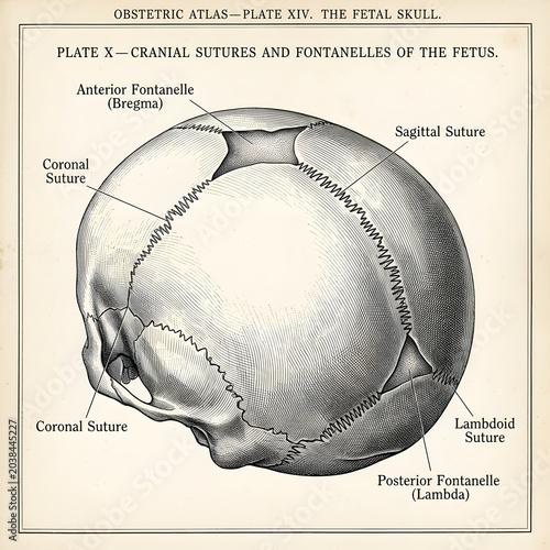 Vintage illustration of a fetal skull with cranial sutures and fontanelles, medical chart
