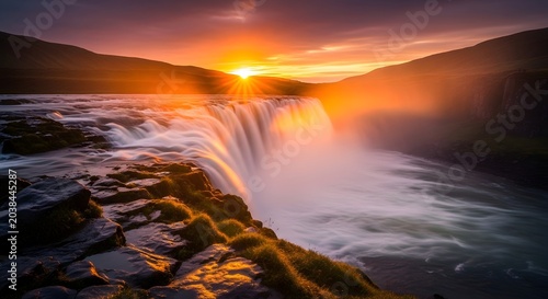 Waterfall at sunset with orange sky.