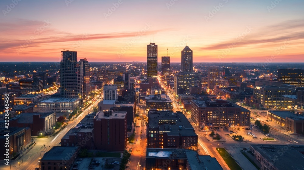 Fototapeta premium Aerial view capturing fort wayne, indiana's skyline glowing at dusk, with a vibrant, colorful sky and city lights illuminating the urban landscape, buildings, and streets below