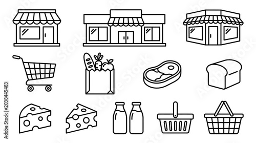 Foto Grocery Store Icons Shopping Cart, Food Items, and Storefronts
