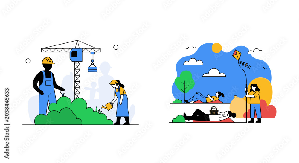 Fototapeta premium Diverse people enjoying outdoor activities construction and leisure in flat design style Vector