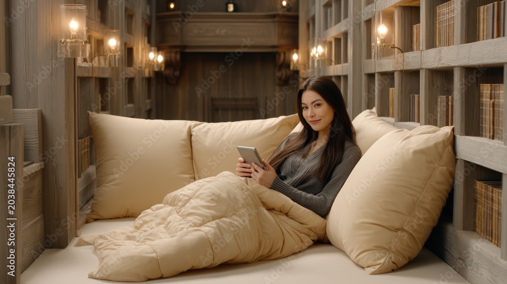 Obraz premium Young woman relaxing in a cozy reading nook with a digital tablet
