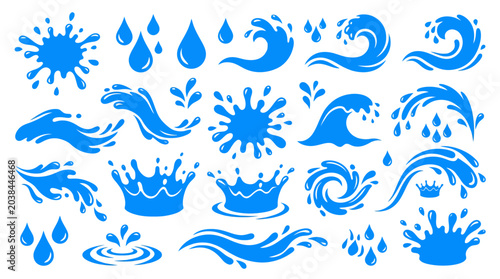 Dynamic blue water splashes, waves, and droplets for refreshing designs
