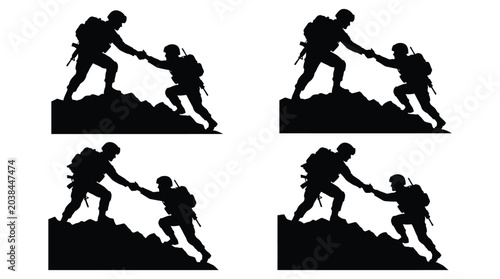 Fotografía soldiers helping each other climb silhouette climbing