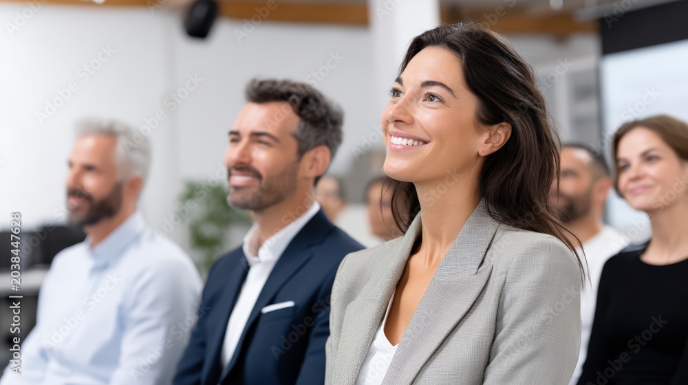 Fototapeta premium Diverse group of happy professionals listening to presentation in modern office