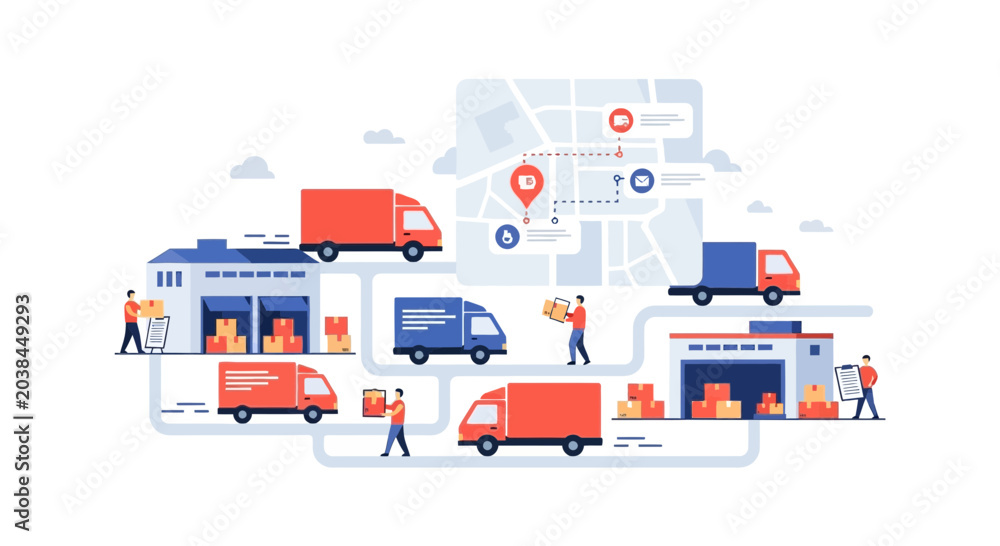 Fototapeta premium Logistics network illustration with trucks, warehouses, and delivery people