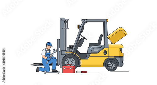 Mechanic fixing yellow forklift truck with toolbox, white background