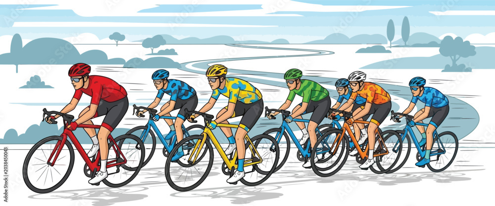Fototapeta premium Cyclists riding in a peloton, rural landscape background, bicycles cycling bike riders