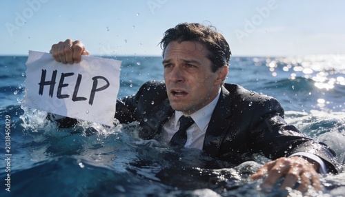 Struggling businessman in full suit, drenched, holds a 