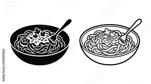 Fotografie Spaghetti with fork and cheese black and white line illustration