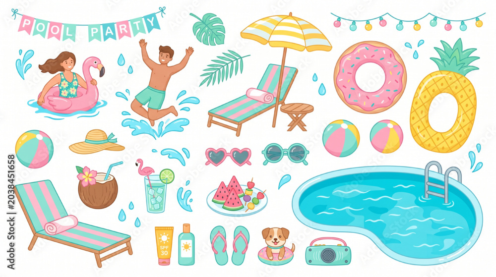 Fototapeta premium Pool Party Vector Set – Swimming Floats, Summer Drinks and Beach Accessories in Pastel Flat Illustration Clipart Pack