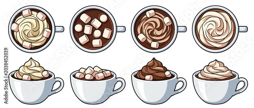 Delicious hot chocolate cups. Marshmallow and whipped cream cocoa beverages, winter mockup front and top views. Vector illustration isolated sweet drink set on transparent background
