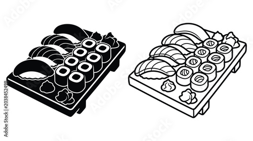 Photos Sushi platter line art illustration black and white depiction