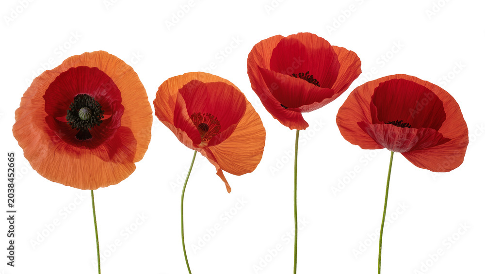 Obraz premium Four vibrant red and orange poppies with delicate petals and dark centers