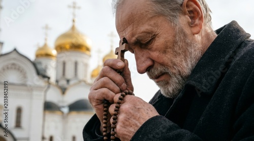 A pensive elderly monk holds a wooden cross in front of an ancient Orthodox church and prays. He is dressed in black. He serves God. He is a novice at the monastery.