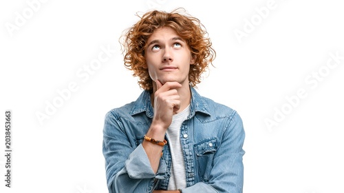 A person standing with hand on chin and a thoughtful look. Isolated on white background.