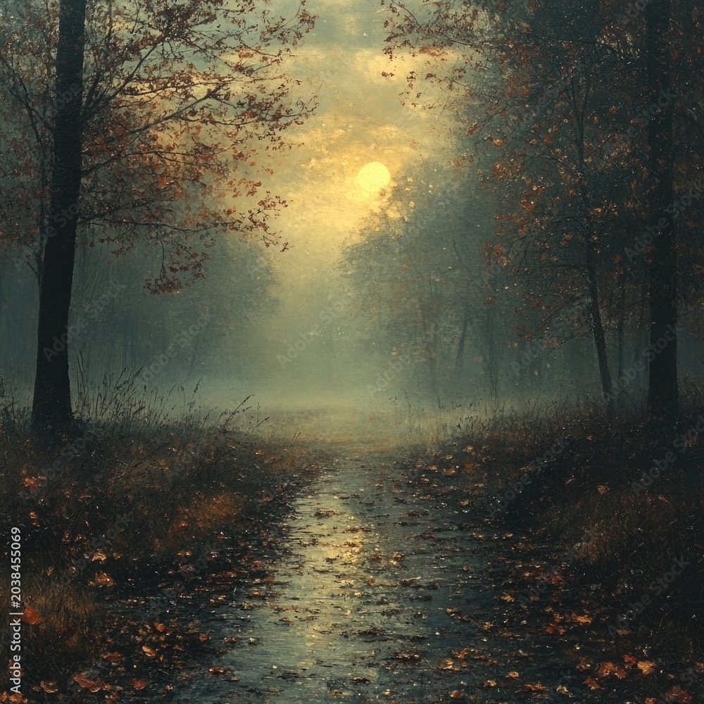 Fototapeta premium Misty autumn morning in a tranquil forest path