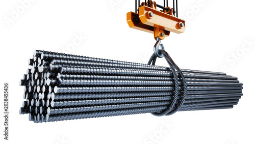 Photos Crane lifting bundle of steel rebar rods