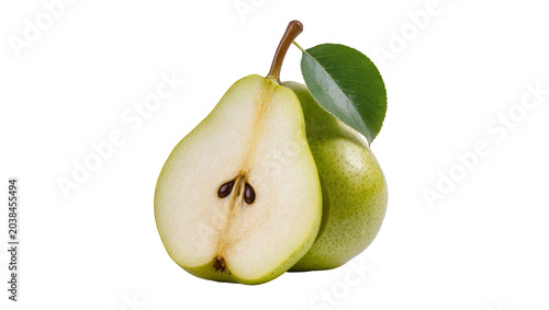 Canvastavla Green pear cut in half showing seeds and flesh with whole pear and leaf