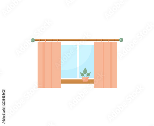 Window with curtain and flower. Vector illustration