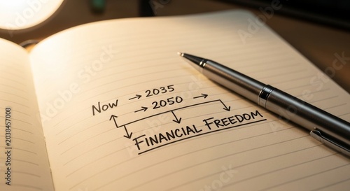 Financial freedom text written in notebook with pen. Strategic long term investment and retirement planning concept. Goal setting for future wealth accumulation and financial security.