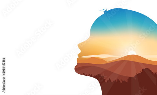 Quadro su tela Peaceful mindset with nature scenery and mountain sunrise sky, head and mind ill