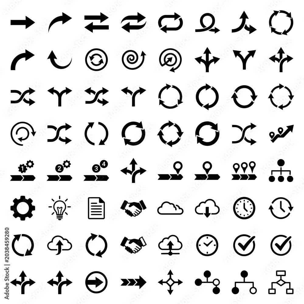 Naklejka premium Collection of hand-drawn black infographic icons and arrows for process flow diagrams on white background