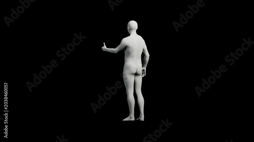 3D mannequin gesturing confidently in black studio