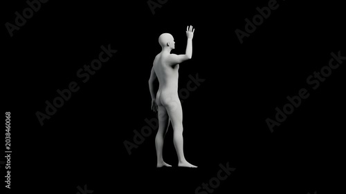 Mannequin figure with raised hand, black background