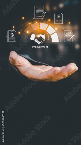 A hand holds a virtual procurement management interface featuring a handshake icon, document checklists, and a glowing meter. It symbolizes business agreement and supply chain process.