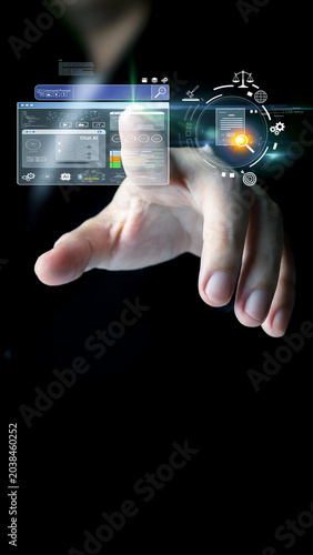 A hand interacts with a futuristic virtual interface featuring AI chat, search bars, and legal icons. It represents digital research and smart data analysis on a dark background.
