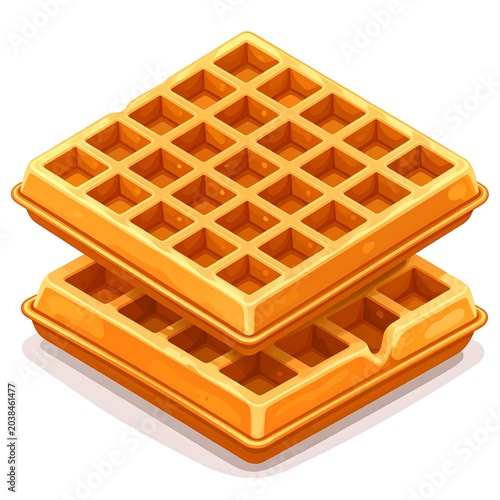 Stack of golden brown waffles on white plate.