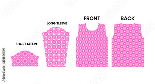Pink shirt sewing pattern flat layout with polka dot print