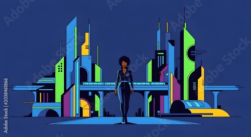 Futuristic cityscape with woman standing in front of modern buildings