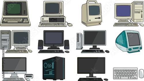 Foto Evolution of Personal Computers Vector Icon Set Featuring Retro Vintage Monitors