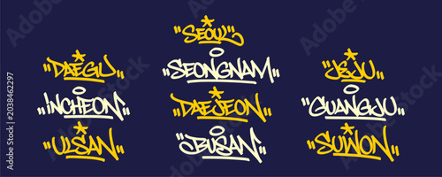 Bilde på lerret Bundle set ten south korea city graffiti tag graphic displaying korean Asia travel landmark pack text for positive vibe sticker overlay urban hip hop subculture streetwear apparel clip art