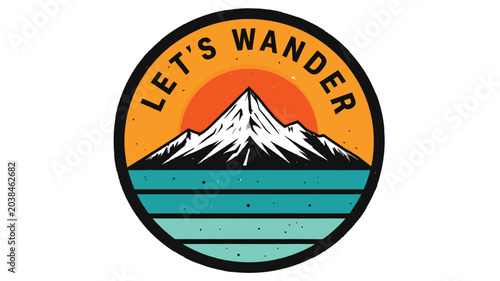 Let's Wander Emblem: A circular emblem design featuring a stylized mountain peak with the text LET'S WANDER encircling the sun, set against a backdrop of layered teal and orange hues.
