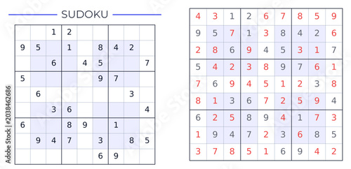 Classic 9x9 Hyper Sudoku Puzzle Medium Level: Minimalist NRC Sudoku Logic Game Vector Template with Solution