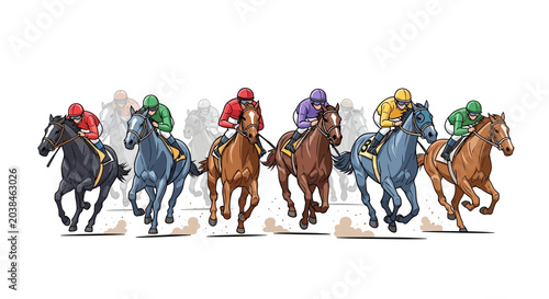Bild auf Leinwand Horse Race Action: Jockeys and Galloping Horses in Competitive Sprint