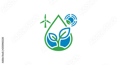 Fotografía Eco energy logo: water drop, plant, wind turbine, sun