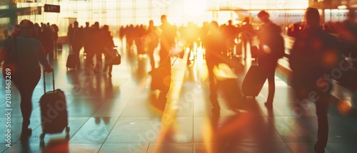 Blurred scene of travelers with luggage moving through a busy airport terminal during sunset, illuminated by warm light streaming through large windows