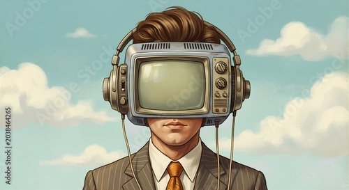 Man with retro TV head wearing headphones - Vintage media and technology theme - Conceptual surreal illustration