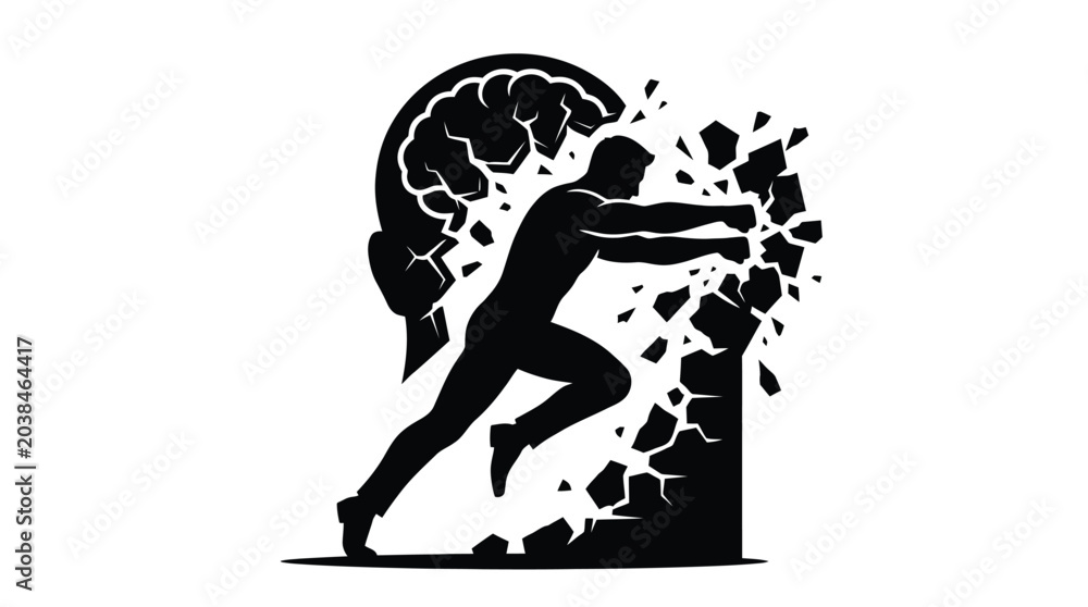 Obraz premium Minimalist black vector illustration showing a strong determined man breaking through a solid human head wall