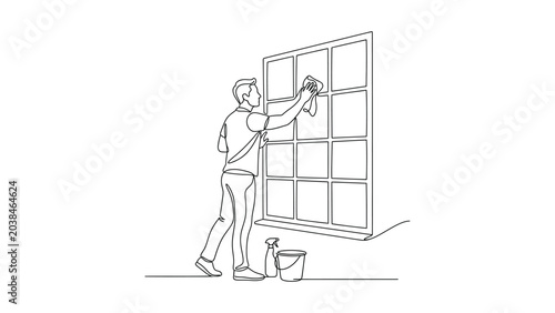 Continuous line drawing of a man cleaning a glass window.