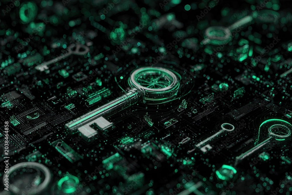 Fototapeta premium Futuristic digital artwork with keys integrated into a circuit board, illuminated in emerald green