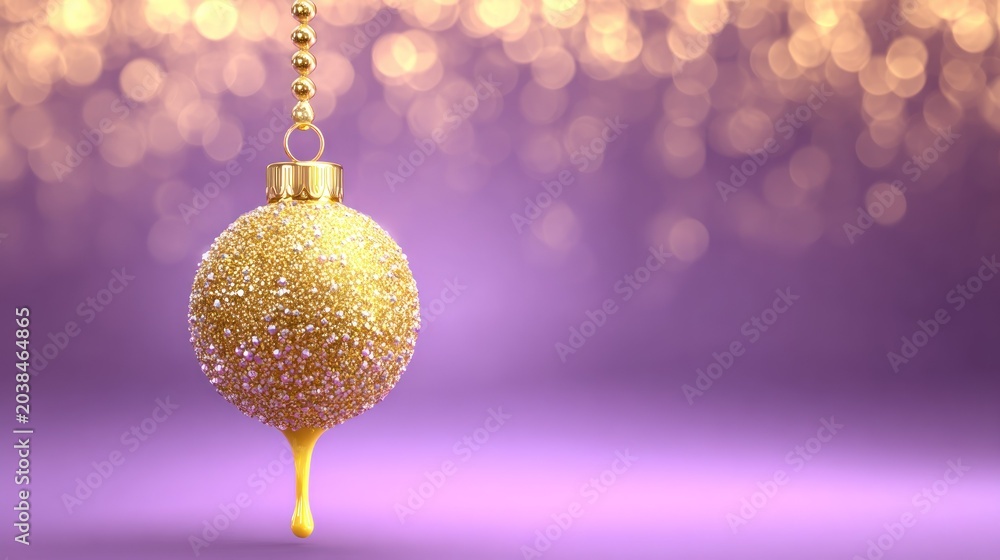 Obraz premium Glittering golden sphere ornament hangs against a purple background with warm light bokeh