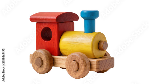 Fotografie Red yellow blue wooden toy train with wheels