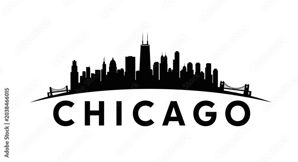 Fototapeta premium Stylized black and white silhouette of Chicago skyline featuring iconic skyscrapers and bridges